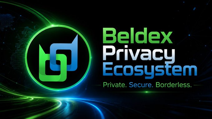 Promotional graphic for 'Beldex Privacy Ecosystem' featuring a green and blue chain-link logo with the tagline 'Private. Secure. Borderless.'