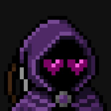 A pixel art character wearing a purple hood and dark face mask with glowing pink heart-shaped eyes stands against a dark background.