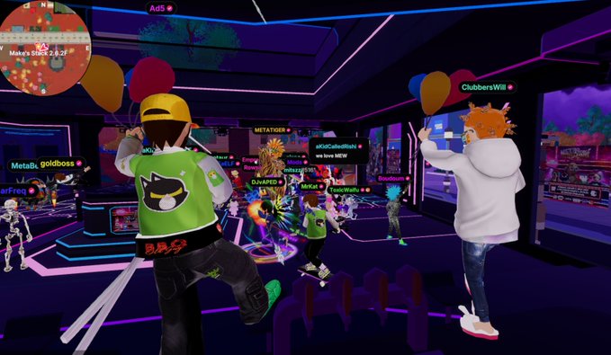 A screenshot from a Clubber VR game showing avatars dancing with balloons in a neon-lit club environment.