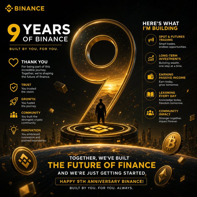 A promotional graphic celebrating '9 YEARS OF BINANCE' with a large golden '9', featuring a silhouette figure and listing achievements like Spot & Futures Trading, Long-term Investments, and a 'Happy 9th Anniversary' message.