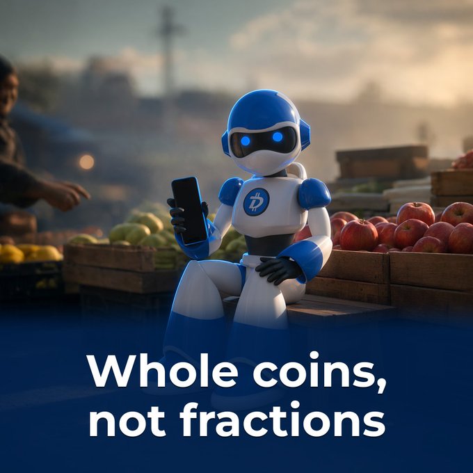 A promotional graphic featuring a blue and white robot holding a smartphone at a fruit stand, with the text 'Whole coins, not fractions' displayed at the bottom.