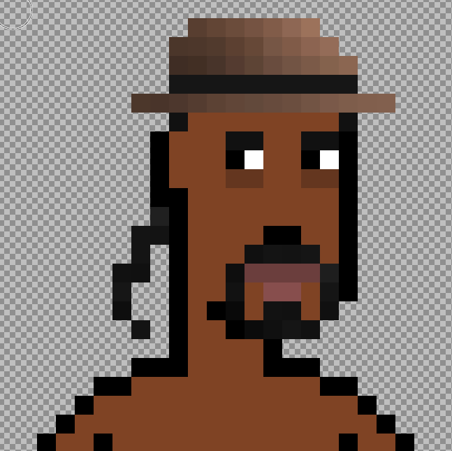 A pixel art illustration of a brown character wearing a wide-brimmed hat, set against a transparent checkered background.