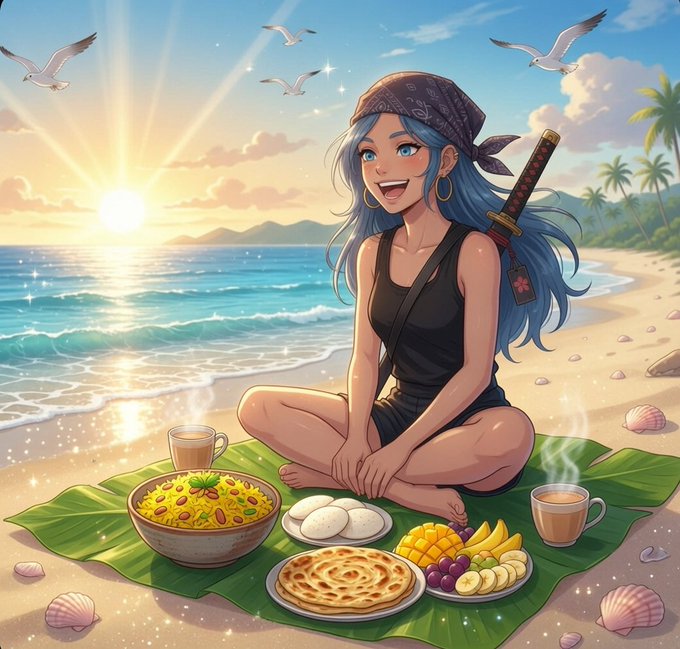 A blue-haired anime-style character sits cross-legged on a banana leaf spread with tropical foods like yellow rice, flatbread, mango, and coffee cups, set against a serene beach sunrise with seagulls and palm trees.

The image contrasts a peaceful, simple island morning meal with the post's forward-looking discussion of Web3's long-term evolution, where projects like @quipnetwork are quietly preparing for quantum-era infrastructure rather than chasing short-term trends—mirroring the character's calm readiness amid a vast horizon.