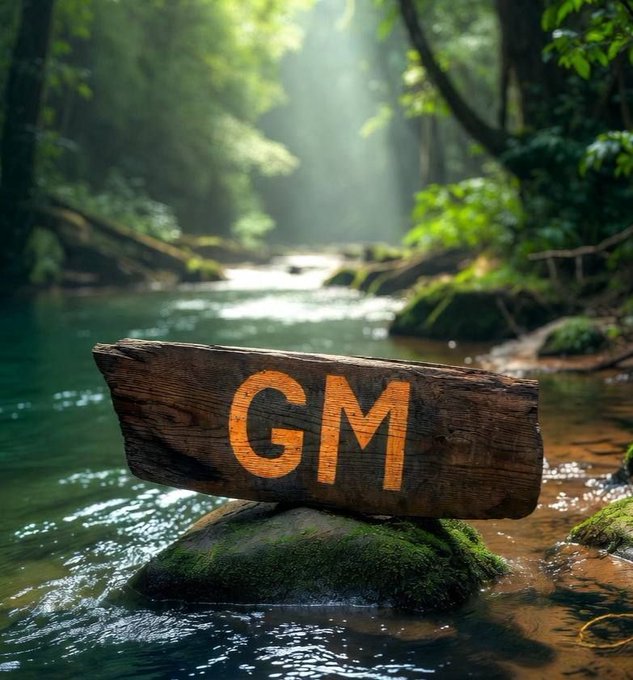 A rustic wooden sign with the letters 'GM' painted in orange rests on a mossy rock in the middle of a tranquil forest stream.