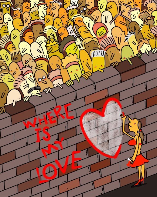 A colorful cartoon illustration showing a woman in a red dress drawing a heart on a brick wall with the text 'WHERE IS MY LOVE', while a crowd of small, expressive characters watches from above.