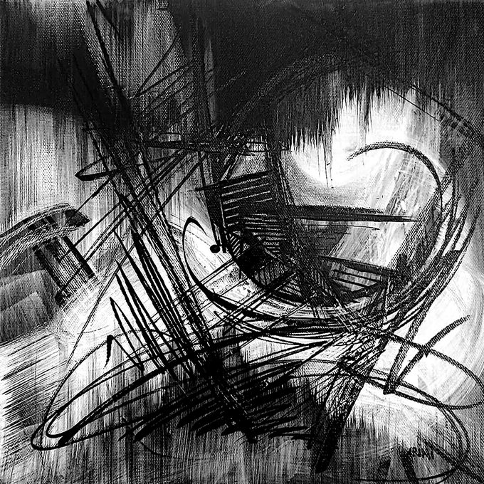 The image features an abstract art piece with black and white lines that create a sense of chaos or confusion, possibly resembling a sketchy drawing. The artwork appears to be a part of a larger collection or series, as indicated by the caption "Collected on secondary". The artist's name is also mentioned in the post.