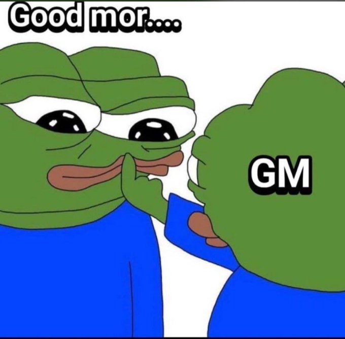 A meme featuring the Sad Pepe frog character with the text 'Good mor....' on the left and another frog with 'GM' written on it on the right.