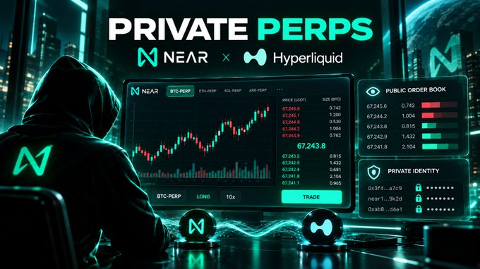 A hooded figure sits before a large trading screen displaying a BTC-PERP candlestick chart, flanked by "PUBLIC ORDER BOOK" and "PRIVATE IDENTITY" panels, under the heading "PRIVATE PERPS" with "NEAR x Hyperliquid" logos.