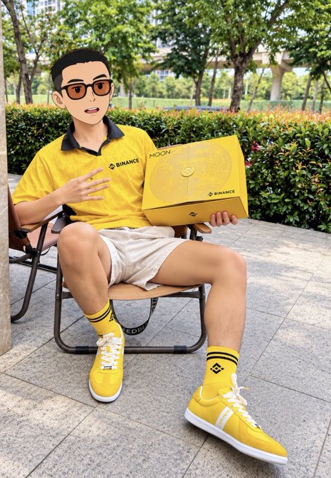 A man sits in a chair wearing a fully yellow Binance outfit—including polo shirt, shorts, sneakers, and socks—while holding a yellow "BINANCE MOON" gift box. His monochromatic yellow look and the branded Binance box tie directly to his caption celebrating the color yellow and his belated Mid-Autumn Festival gift from @binance, promoting #BNB.