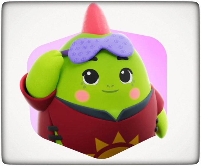 A 3D-rendered green character with a small horn, wearing a purple sleep mask and a red hoodie, appears as an app icon.