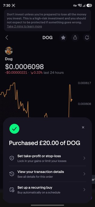 A cryptocurrency trading app screenshot showing a 'DOG' (Dogecoin) price of $0.0006098 and a confirmation pop-up stating 'Purchased £20.00 of DOG'.