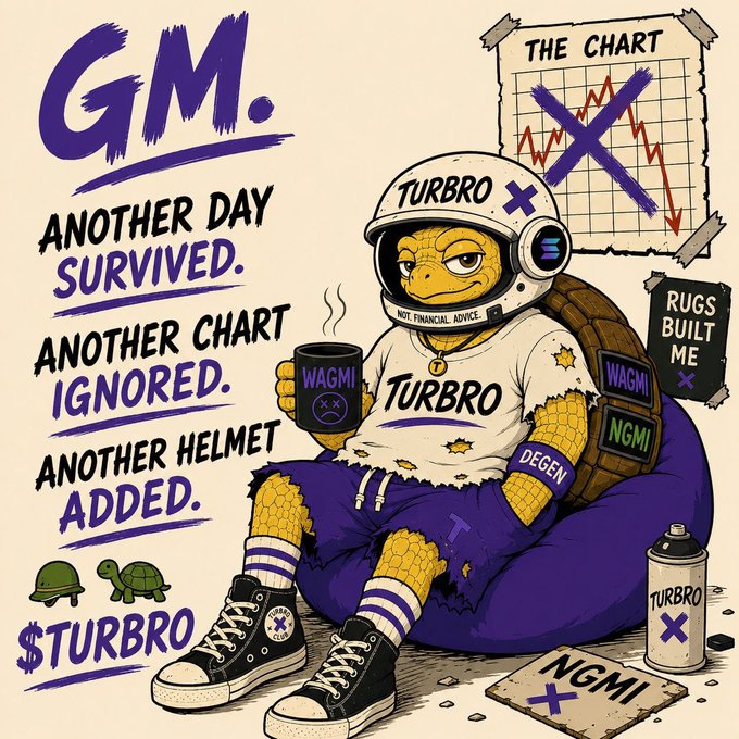 Cartoon illustration of a relaxed turtle character wearing a 'TURBRO' helmet and shirt, holding a 'WAGMI' mug, with text reading 'GM. ANOTHER DAY SURVIVED. ANOTHER CHART IGNORED. ANOTHER HELMET ADDED.' and '$TURBRO' displayed below.