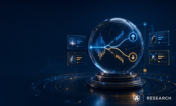 A futuristic 3D graphic features a glowing crystal ball displaying financial candlestick charts, surrounded by floating data panels with up and down arrows on a dark blue background, with a 'RESEARCH' logo in the bottom right.