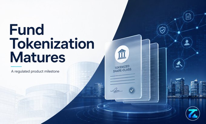 A promotional banner reading 'Fund Tokenization Matures - A regulated product milestone' with imagery of tokenized share-class documents and a network graphic.