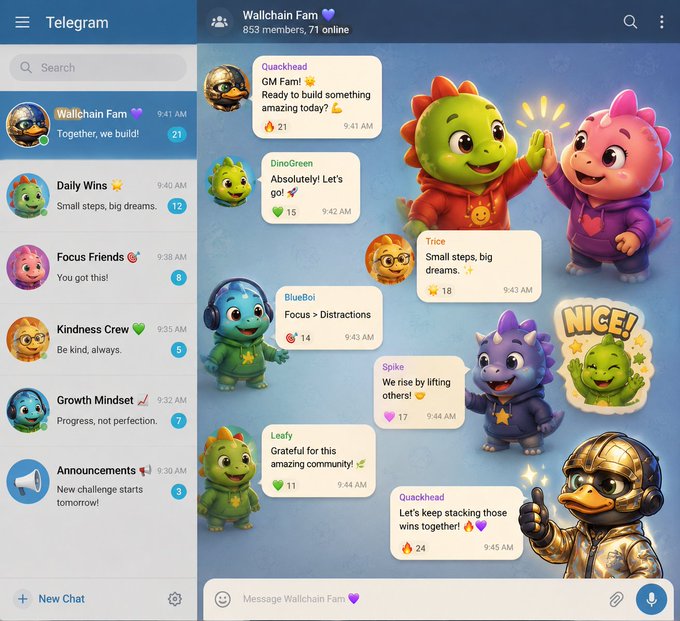 A screenshot of a Telegram chat called "Wallchain Fam 💜" featuring dinosaur characters and messages like "Quackhead: GM Fam! Ready to build something amazing today?" and "Trice: Small steps, big dreams."