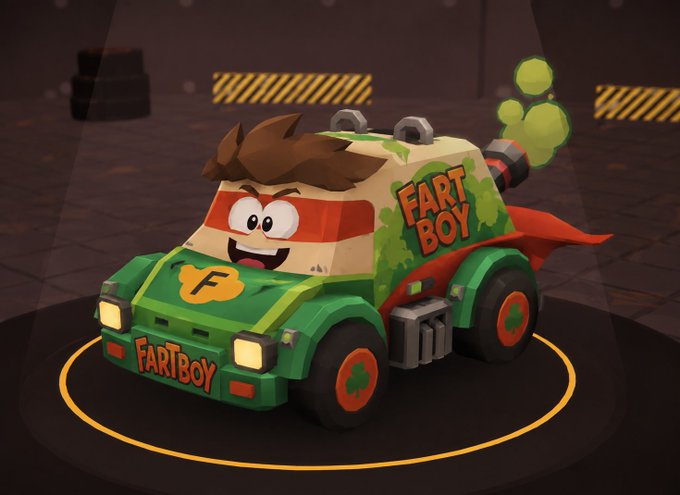 A cartoon-style green and orange racing car labeled "FART BOY" features a mischievous face, a red cape, and a rear exhaust emitting green fart clouds. The image humorously illustrates the post's joke about the $FARTBOY memecoin universe expanding with a "farting exhaust and a glider."