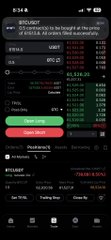 The image shows a smartphone screen displaying various stock market data and information. The phone's display features a green "Open" button, an open chat window, and a red "Close" button. The text on the screen indicates that Bitcoin has been bought at $BTC, and there is a question about the next move in the stock market.