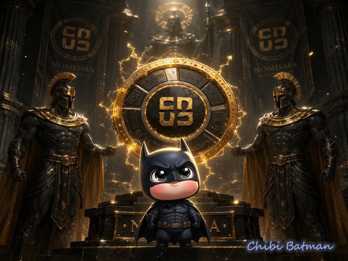 A chibi Batman character standing before a glowing golden 'NOMISMA' emblem flanked by two armored knights in a dark temple setting.