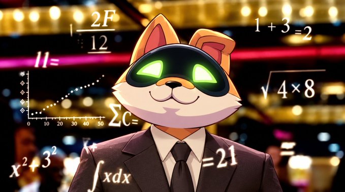A cartoon cat wearing a suit and tie with glowing green digital eyes, surrounded by various formulas like x² + 3² and ∫xdx in front of a bokeh casino background.