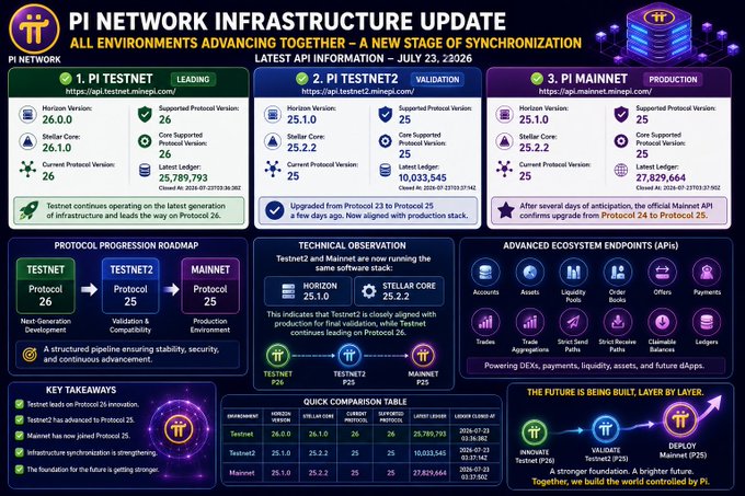 An infographic titled 'Pi Network Infrastructure Update' detailing the progression of Testnet2 and Mainnet environments with version numbers (Protocol 25-26), validator counts, and ledger sizes across leading, validation, and production stages.