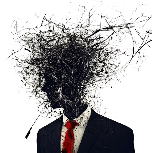 A man in a suit with a red tie stands as his head explodes into chaotic black ink splatters and branches, visually representing the "Noise Heads" NFT collection's concept that "every head is noise." The stark contrast between his formal attire and the wild, uncontrolled disintegration of his head embodies the collection's theme of chaos within structure.