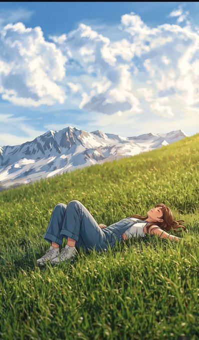 An anime-style illustration of a person lying in a grassy field with snow-capped mountains and a cloudy blue sky in the background.