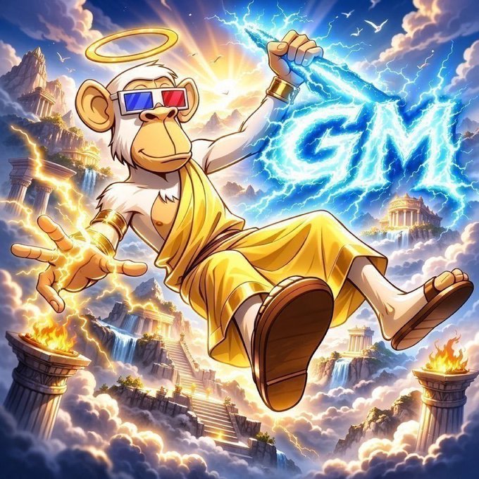 A digital illustration of an angelic monkey wearing 3D glasses and a yellow toga, floating among clouds and Greek-style pillars while conjuring blue lightning that forms the letters "GM".