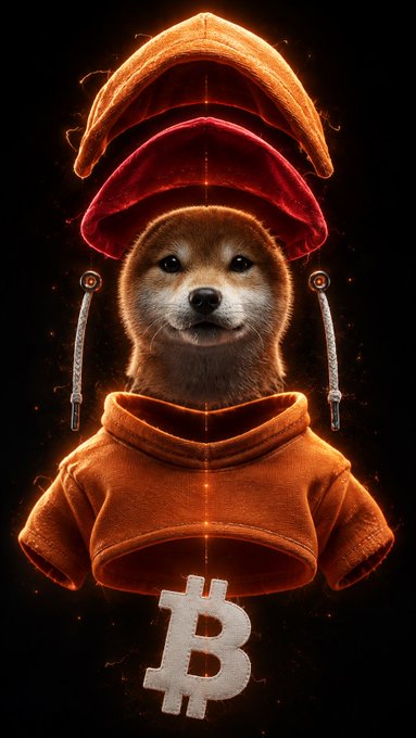 A digital illustration shows a Shiba Inu dog's face surrounded by separated layers of an orange hoodie, a red beanie, and zippers, with a white Bitcoin logo at the bottom.