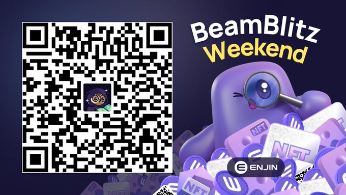 A promotional graphic for "BeamBlitz Weekend" featuring a scannable QR code on the left alongside a purple mascot character with a magnifying glass, surrounded by Enjin NFT tokens on the right, with the Enjin logo displayed at the bottom. The QR code allows users to claim the free "Sage Trinity" NFT, matching the post's call-to-action to scan the Beam QR in the Enjin Wallet.