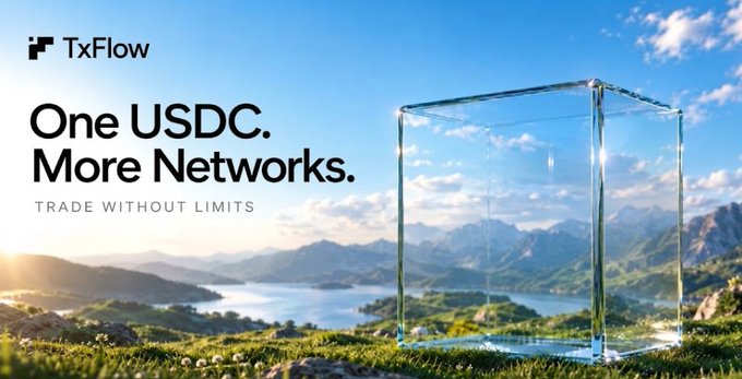 An advertisement for 'TxFlow' displays the text 'One USDC. More Networks. TRADE WITHOUT LIMITS' next to a transparent glass cube in a mountain landscape.