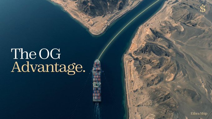 An aerial view of a large container ship navigating through a narrow waterway between desert mountains, with overlay text reading 'The OG Advantage.' and 'Ethra Ship'.