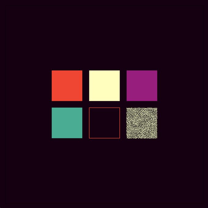 A minimalist graphic design on a dark background featuring a 2x3 grid of squares, including solid colors (red, cream, purple, green), an outlined square, and a patterned square with yellow squiggles on black.