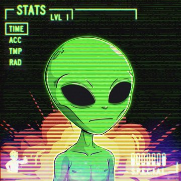 A retro/vaporwave-style illustration of a green alien with large black eyes, displayed against a glitchy, distorted background with "STATS LVL 1" text and scanlines.