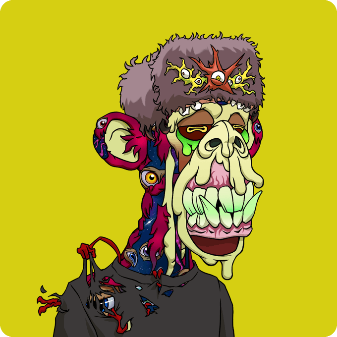 A grotesque cartoon illustration of a zombie-like figure with exaggerated bulging eyes, green teeth, and a decaying fur hat on a yellow background.