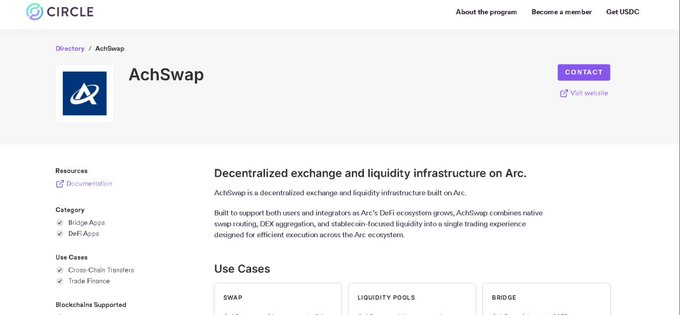 A webpage from Circle featuring AchSwap, described as a 'Decentralized exchange and liquidity infrastructure on Arc.'