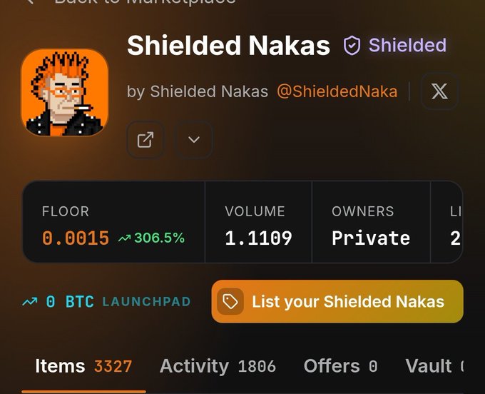 A digital collectible profile page for 'Shielded Nakas' showing a pixel art avatar, with stats including a floor price of 0.0015 BTC and a 306.5% increase.