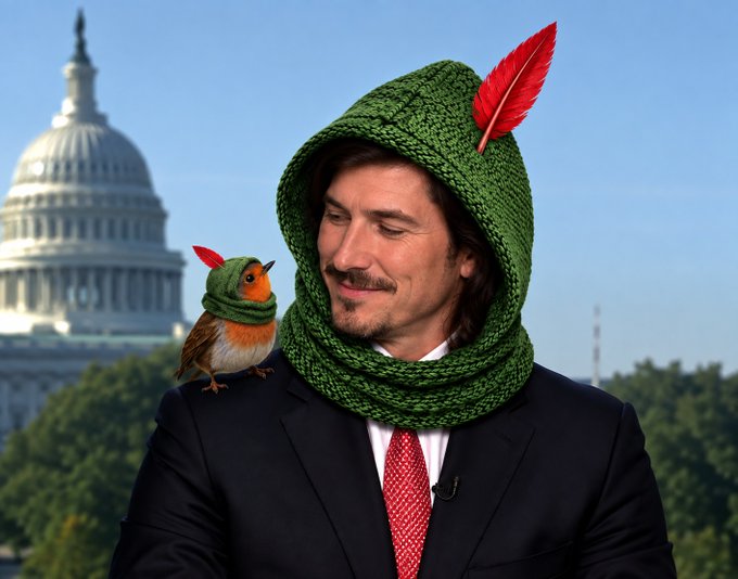 A man wearing a green knitted Robin Hood-style hat with a red feather and matching scarf looks down at a small bird (also wearing a matching green hat with a red feather) perched on his shoulder, with the U.S. Capitol building in the background.