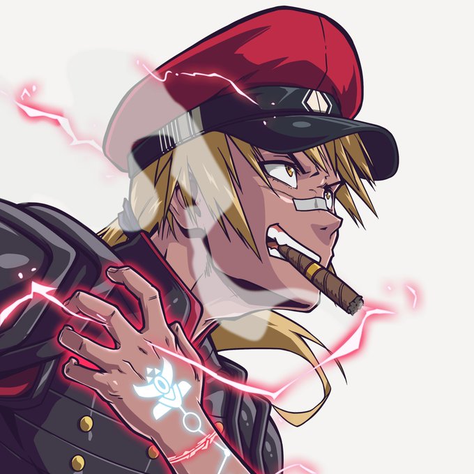 An anime-style illustration depicts a fierce blonde character wearing a red military-style cap, smoking a cigar, with glowing red energy crackling around his hand which bears a circular tattoo.