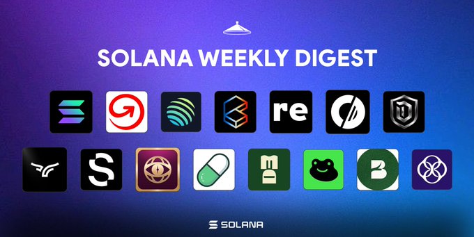The image displays the "SOLANA WEEKLY DIGEST" with logos of various Solana-related projects. This visual complements the post's announcement about Solana's RWA ecosystem growth and MoneyGram's new ramp on Solana.