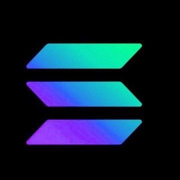 The Solana (SOL) logo featuring three stacked parallelogram shapes in a green-to-purple gradient on a black background.