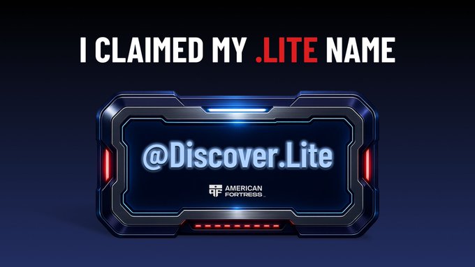 A futuristic digital badge displays "@Discover.lite" with the "American Fortress" logo below, set against a dark blue background with the bold header "I CLAIMED MY .LITE NAME." The image celebrates the user's successful registration of their personalized .LITE domain name, visually reinforcing the post's simple "Done" message of completion.