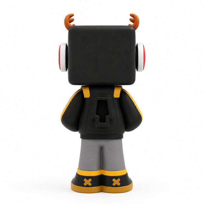 The image features a small figurine of a robot with a backpack and yellow shoes. The robot has large horns and is wearing a black jacket and gray pants. It appears to be standing against a white background, giving it an interesting contrast. The figurine seems to be made out of clay or plastic material, making it a unique and creative representation of the character.