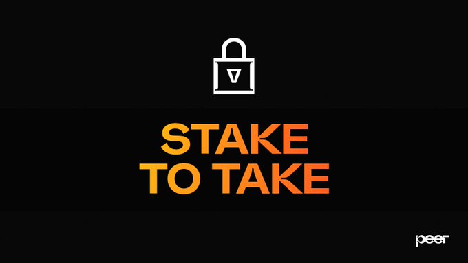 A black graphic displays an unlocked padlock icon with a "V" inside it above the orange text "STAKE TO TAKE," with the "peer" logo in the bottom right corner, visually representing Peer crypto platform's new staking feature that allows users to post USDC collateral to unlock Venmo and PayPal liquidity without prior reputation.