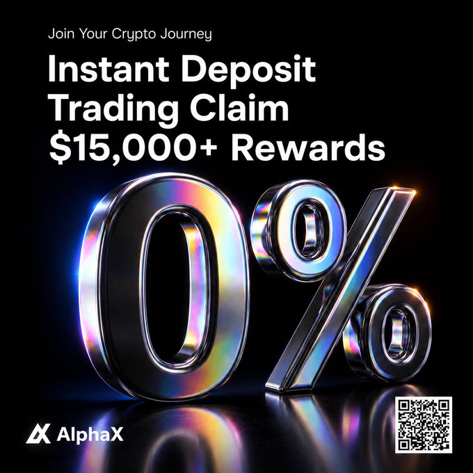 A promotional advertisement for AlphaX exchange featuring a large iridescent "0%" graphic, highlighting an Instant Deposit Trading promotion with "$15,000+ Rewards" and the tagline "Join Your Crypto Journey," with a QR code for sign-up—the image visually emphasizes the zero-fee structure while the post details the new user reward tiers up to 350 USDT.