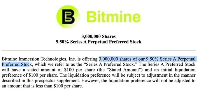 The image shows an advertisement for Bitmine, which is a company providing information about mutual funds or shares of financial institutions like peer-to-peer lending platforms. The focus of the advertisement appears to be on offering a preferred stock option at a 9.5% yield and net proceeds dedicated to purchasing additional shares. This message implies that potential investors can take advantage of these shares while they are relatively inexpensive, making it an attractive opportunity for those interested in investing in Bitmine's services or similar financial initiatives.