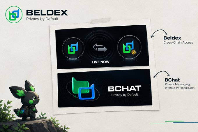 A promotional graphic for 'BELDEX - Privacy by Default' features logos for 'Beldex Cross-Chain Access' and 'BChat Private Messaging Without Personal Data'. A small black cartoon creature with green accents sits on a rock in the bottom left corner.