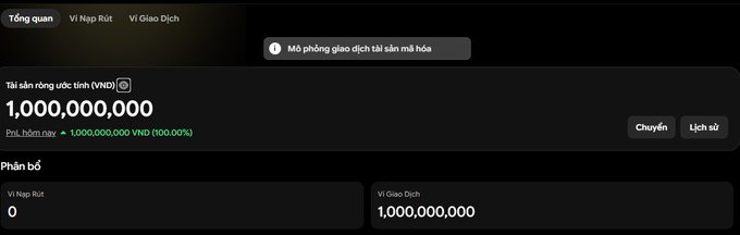 A dark-themed crypto wallet interface in Vietnamese showing a total transaction value of 1,000,000,000 VND (100%), with breakdown showing 0 VND deposit/withdraw and 1,000,000,000 VND transaction.