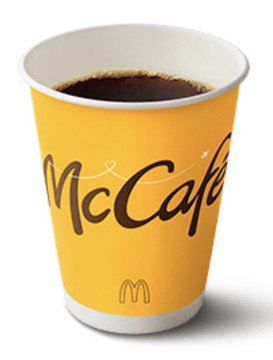 The image shows a small paper cup filled with coffee from McDonald's. The cup has a yellow color and features the McDonald's logo printed on its side. The text "Mcdonald's" can be seen, indicating that this is a cup of their coffee. The cup contains black coffee, which is placed in a white paper cup.