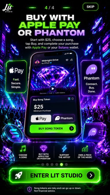 The image features a poster for an app called "Solana", which is designed by Lit Studio. The poster showcases a cell phone with a diamond-shaped design, surrounded by various icons representing different aspects of the app's functionality. The text on the poster reads "Songs on Solana @LitStudio". This suggests that the app allows users to create and share music or songs within the app.