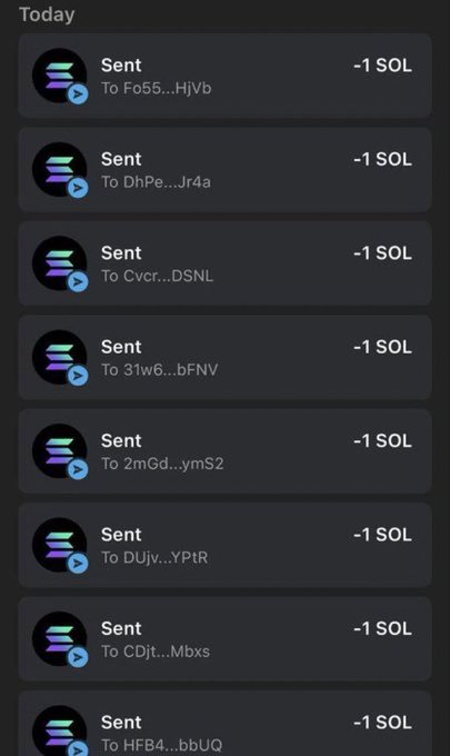 A mobile app screenshot showing a list of 'Sent' transactions of '-1 SOL' each on the Solana blockchain to various recipient addresses under a 'Today' header.